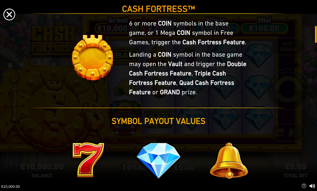 Cash Fortress symbol values information screen