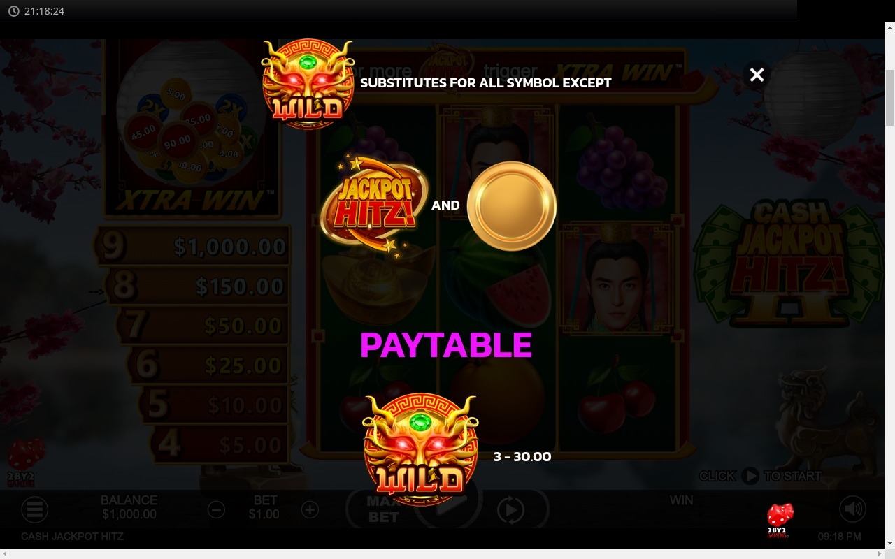 Cash Jackpot Hitz 2 information screen