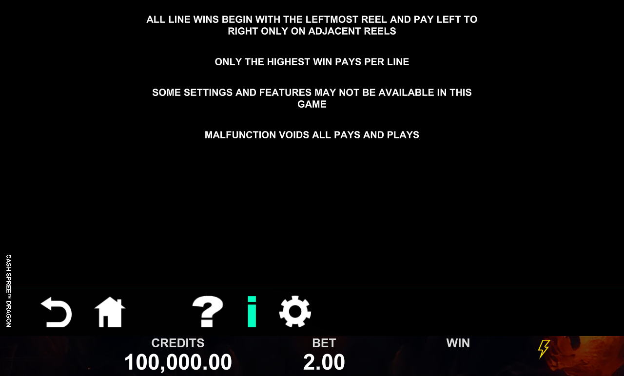 Cash Spree Dragon information screen