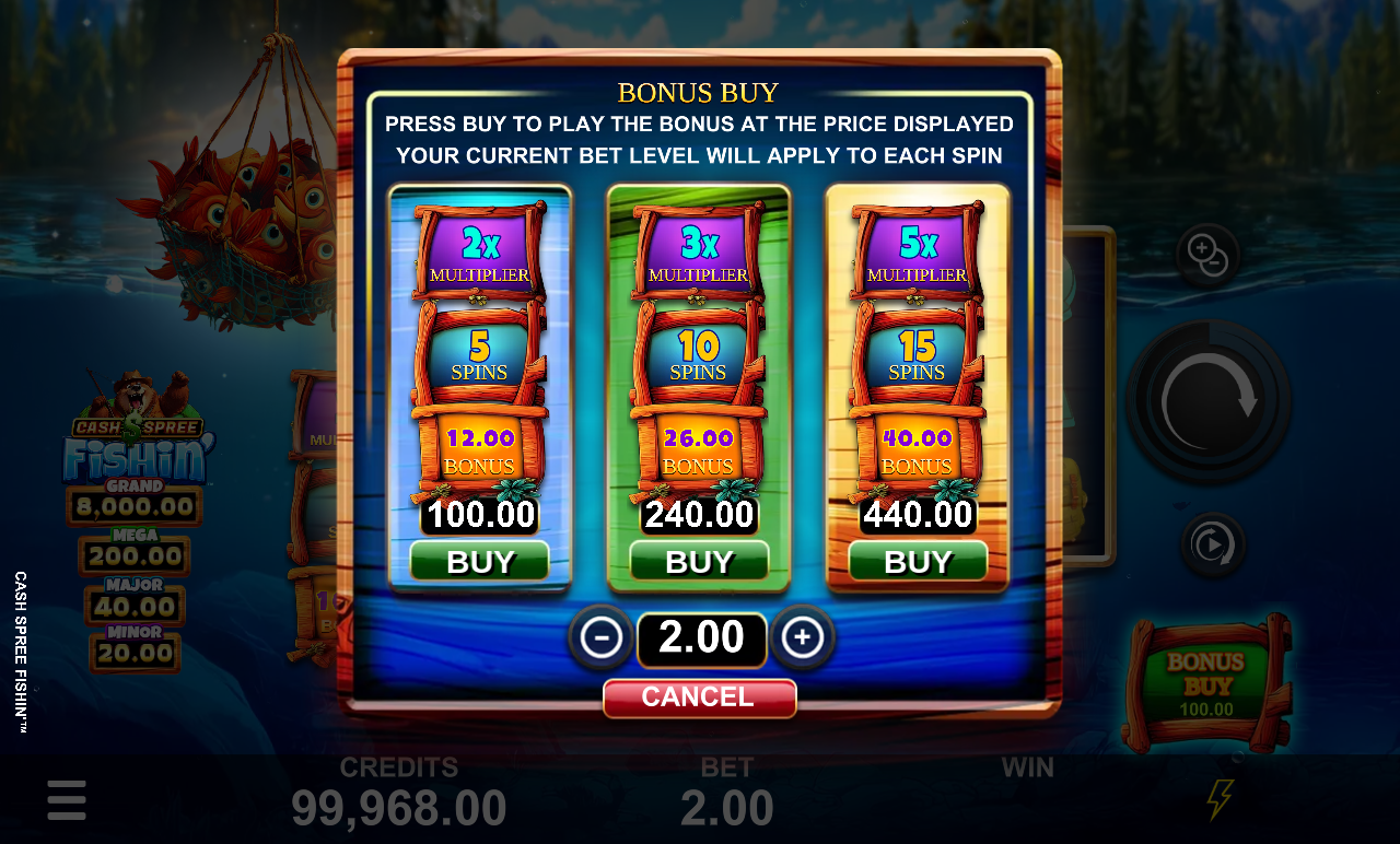 Cash Spree Fishin' bonus buy menu