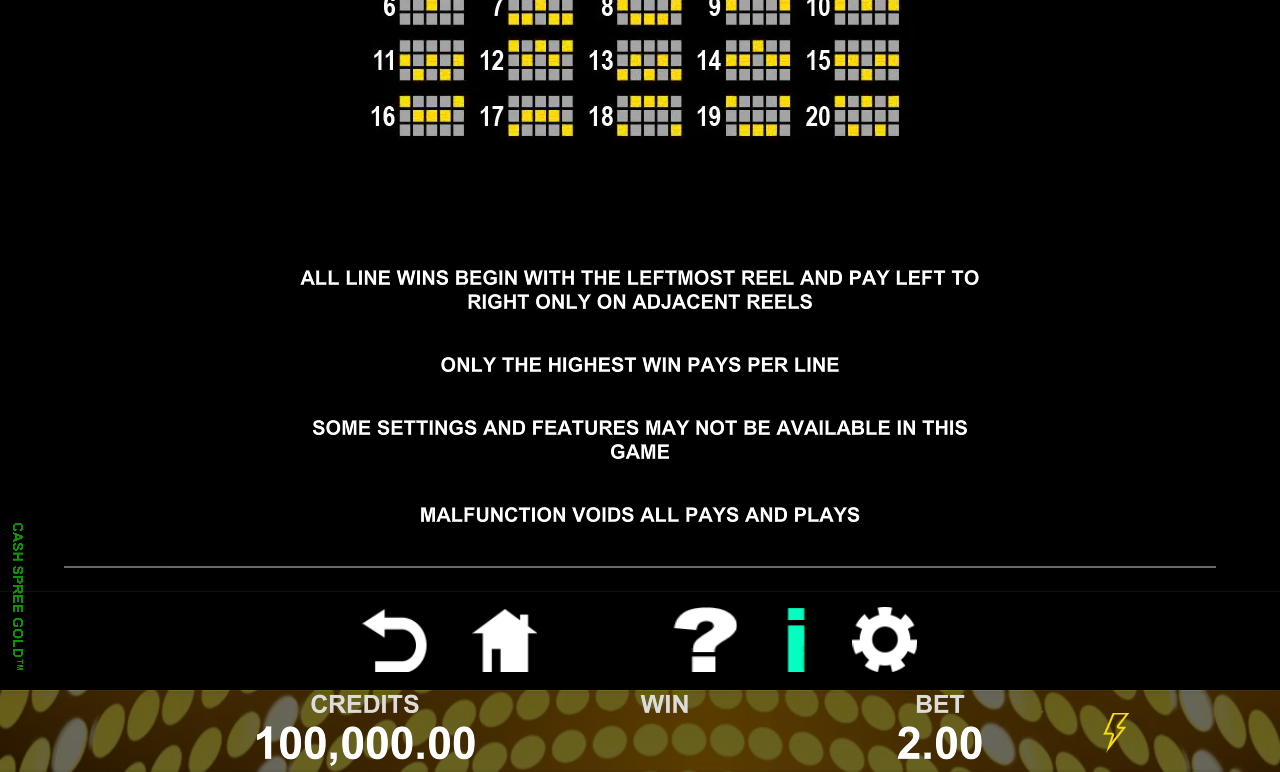Cash Spree Gold information screen