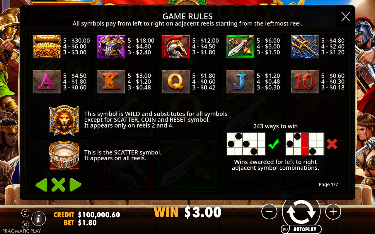 Chase for Glory information screen
