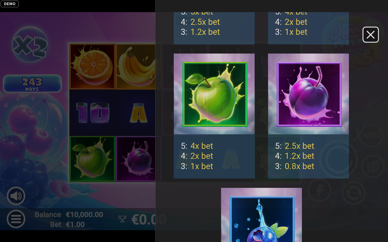 CherryPOP Blast information screen