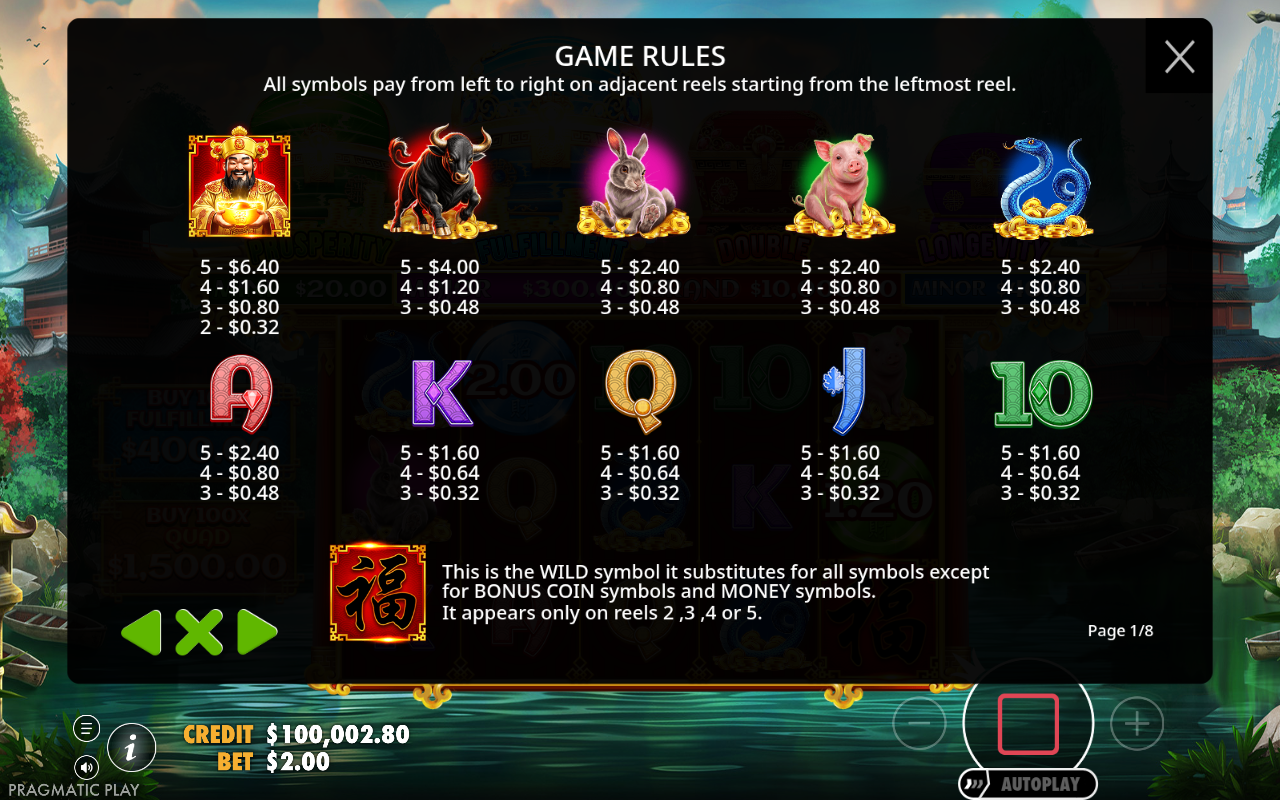 Chests of Cai Shen - Eternity wild symbol and payline rules