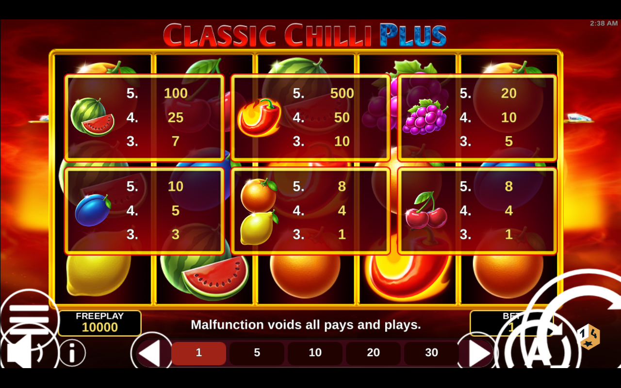 Classic Chilli Plus information screen