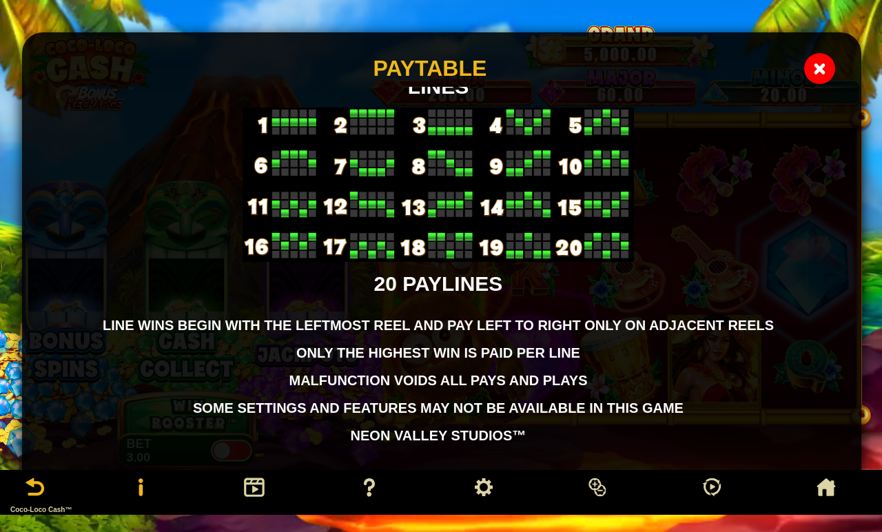 Coco-Loco Cash information screen