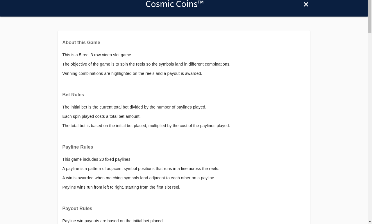 Cosmic Coins information screen