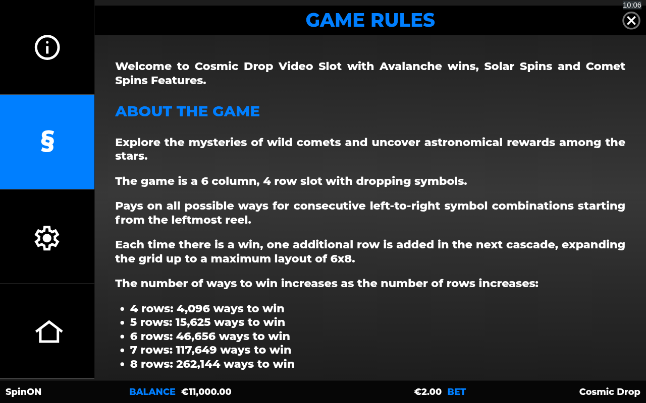 Cosmic Drop information screen