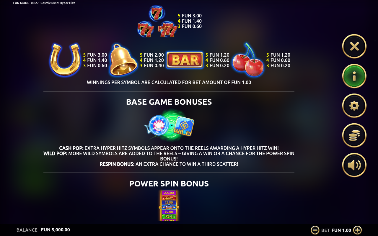 Cosmic Rush Hyper Hitz information screen