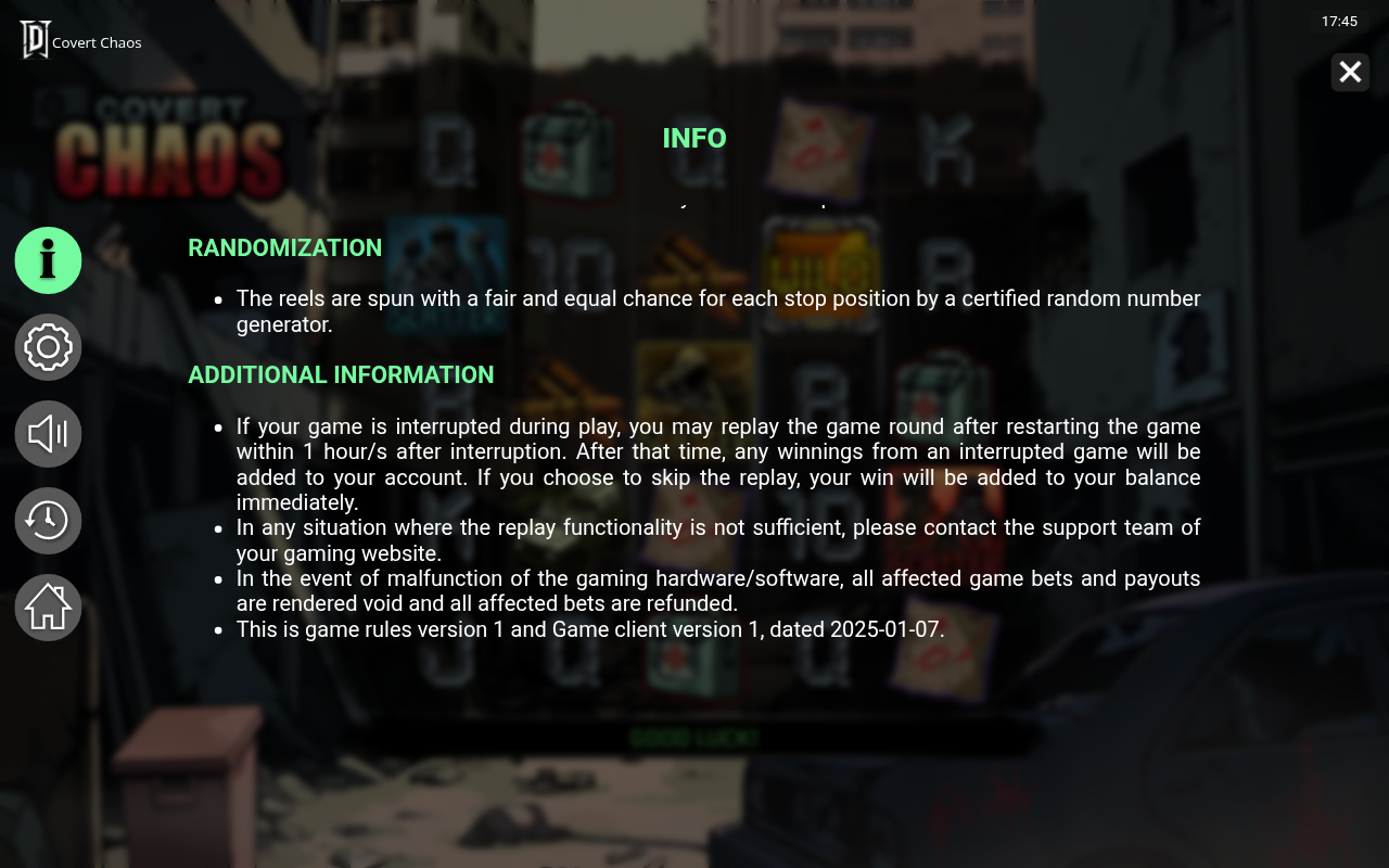 Covert Chaos information screen
