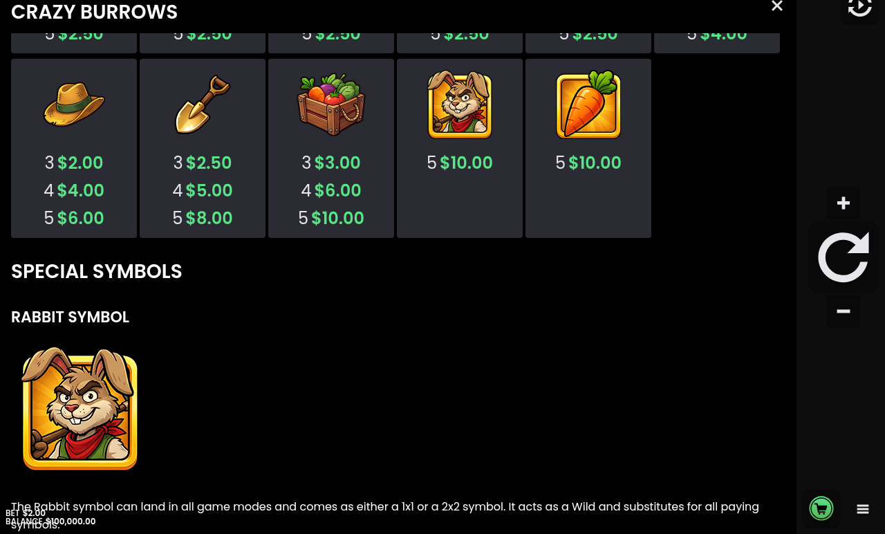 Crazy Burrows information screen