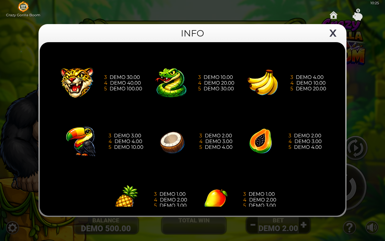 Crazy Gorilla Boom information screen