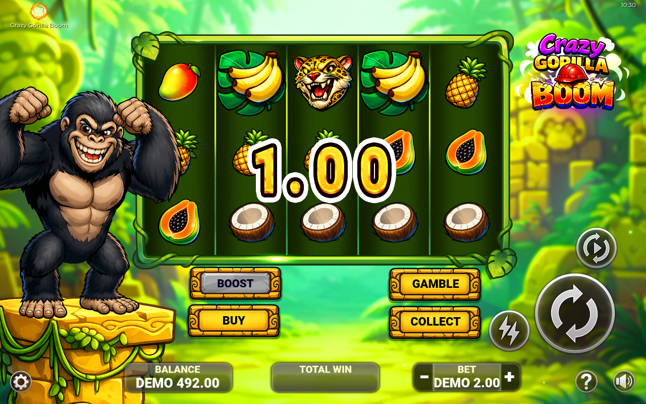 Crazy Gorilla Boom gameplay showing COLLECT and GAMBLE buttons