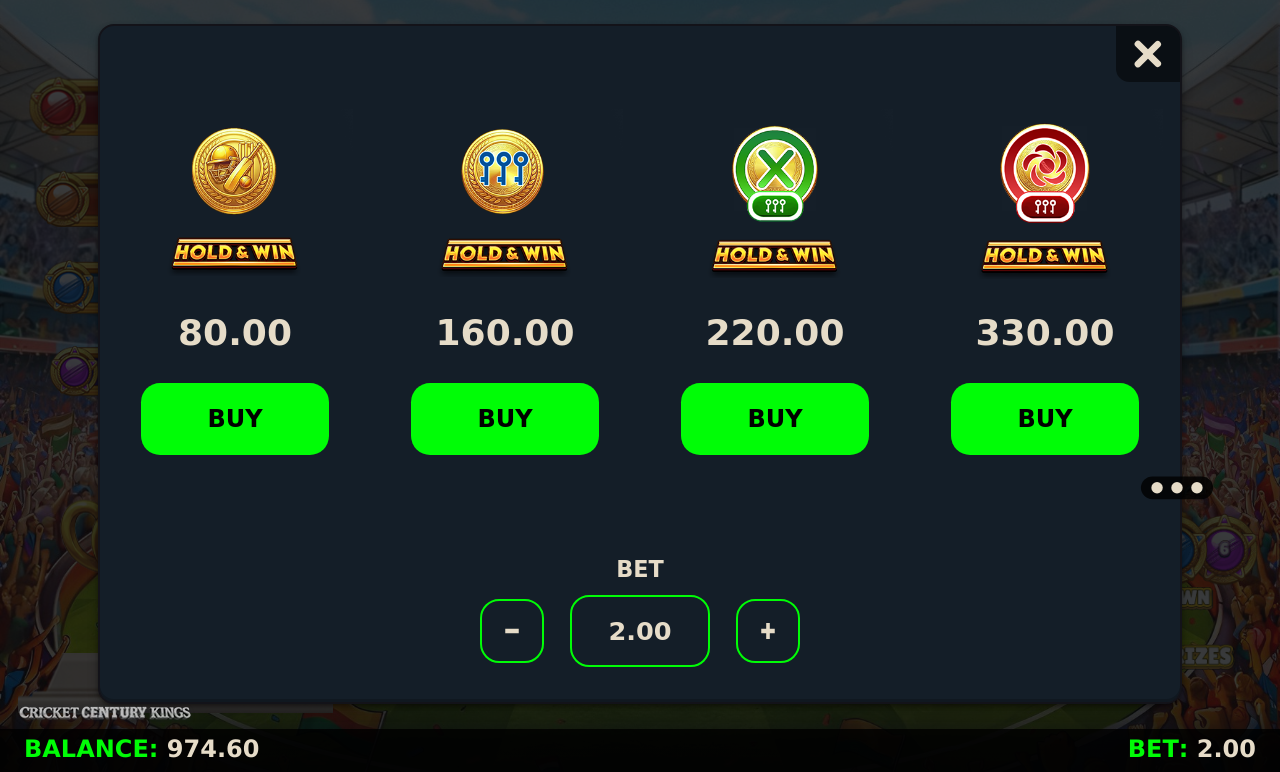 Cricket Century Kings bonus buy menu