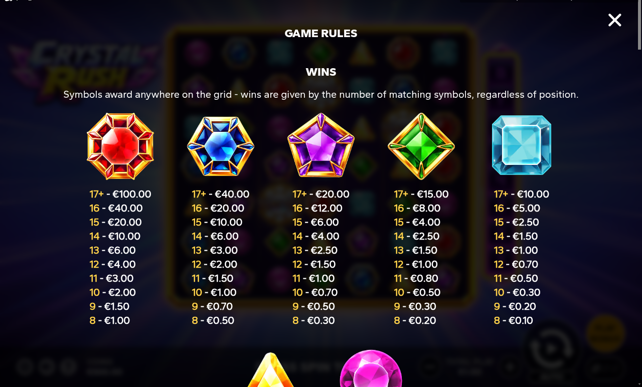 Crystal Rush information screen