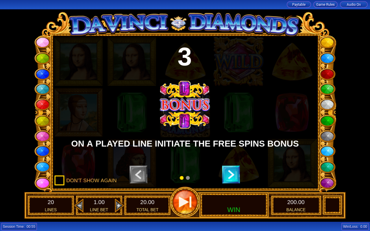 Da Vinci Diamonds information screen