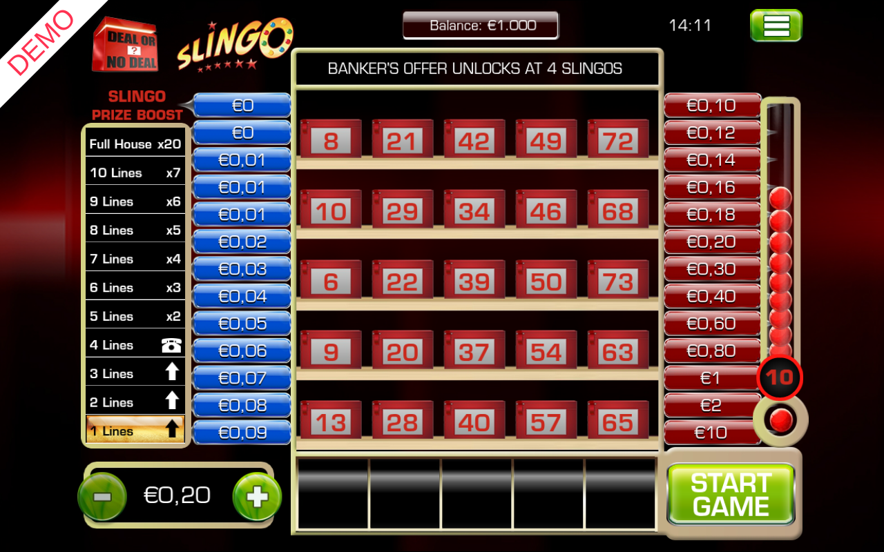 Deal or No Deal Slingo gameplay