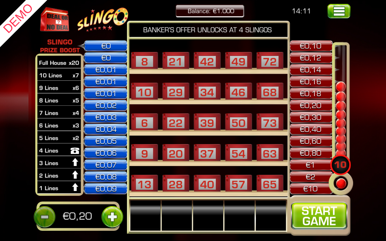 Deal or No Deal Slingo gameplay