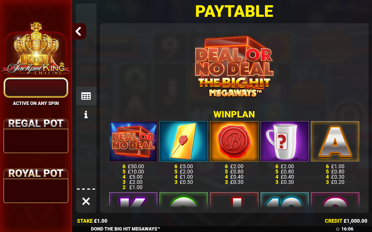 Deal Or No Deal The Big Hit Megaways wild and symbol information screen
