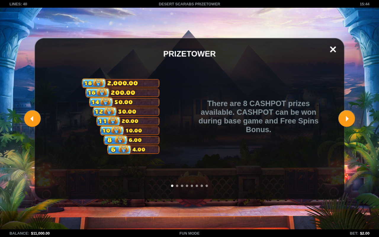Desert Scarabs PrizeTower Cashpot prizes information
