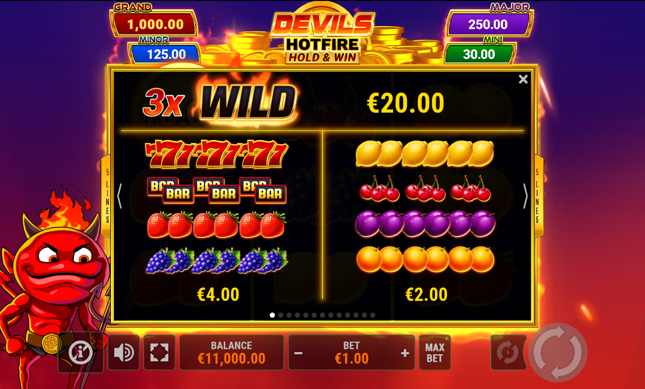 Devils Hotfire Hold & Win information screen