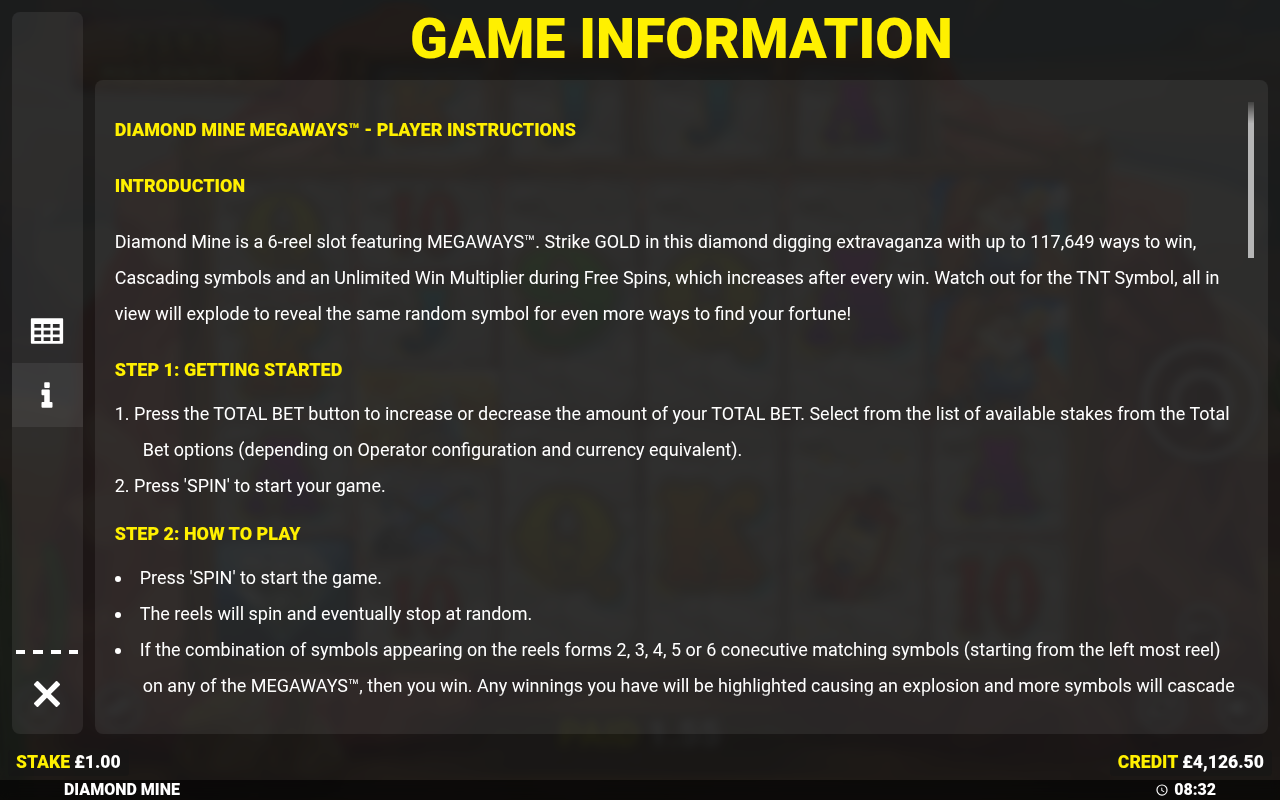 Diamond Mine information screen