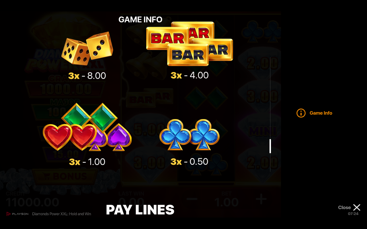 Diamonds Power XXL Hold and Win information screen