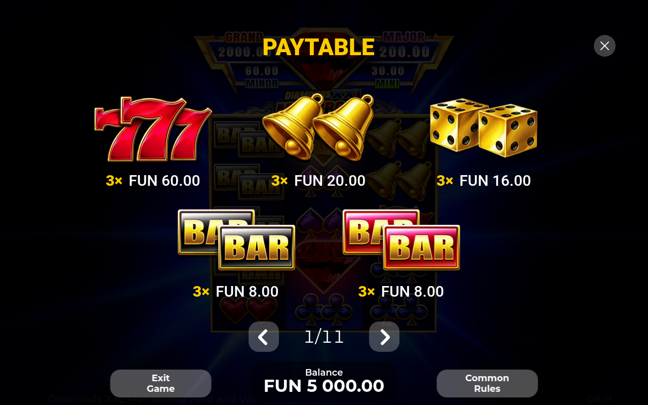 Diamonds XXL Multiboost information screen