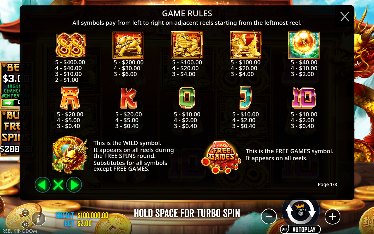 Dragon Gold 88 information screen showing wild and money symbols