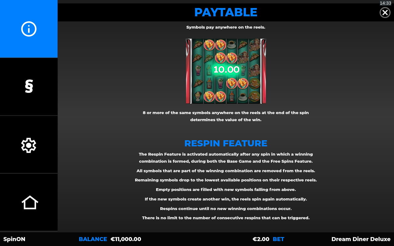 Dream Diner Deluxe information screen
