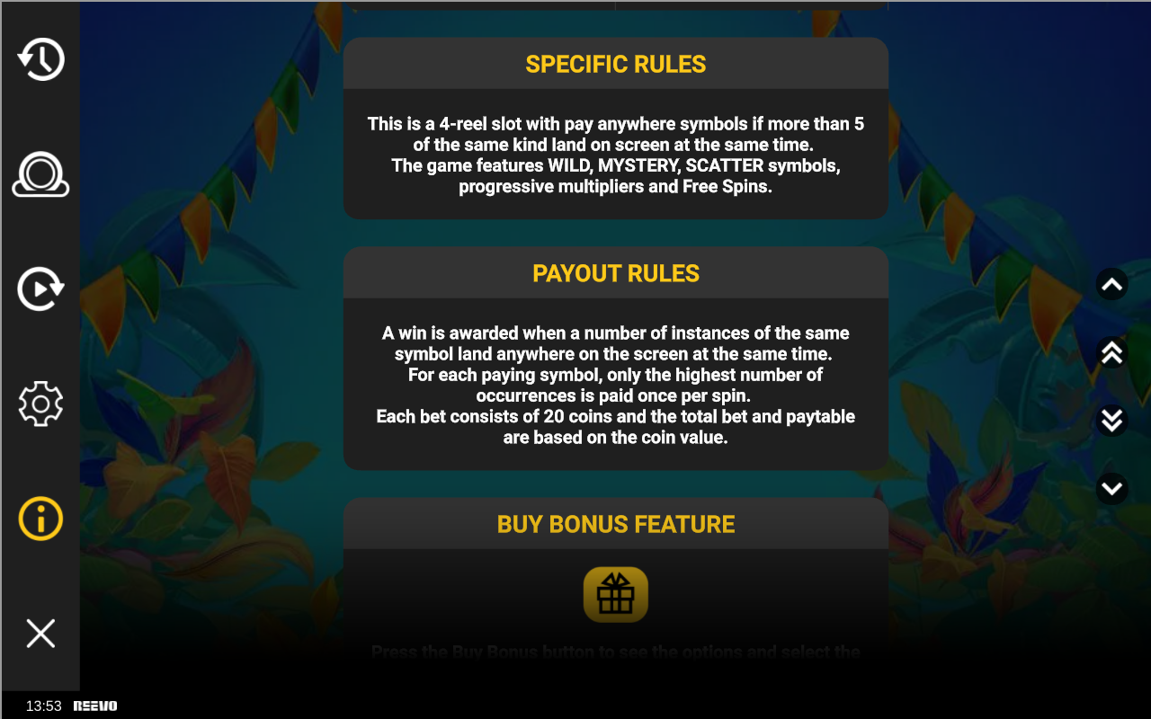 Drum Rolls & Reels information screen