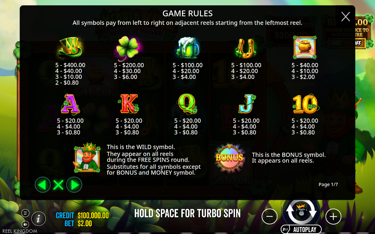 Emerald King - Wheel of Wealth information screen