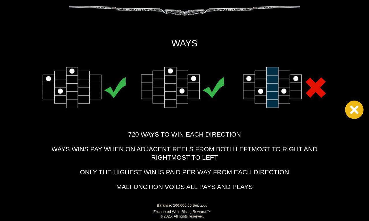 Enchanted Wolf: Rising Rewards information screen explaining feature rules