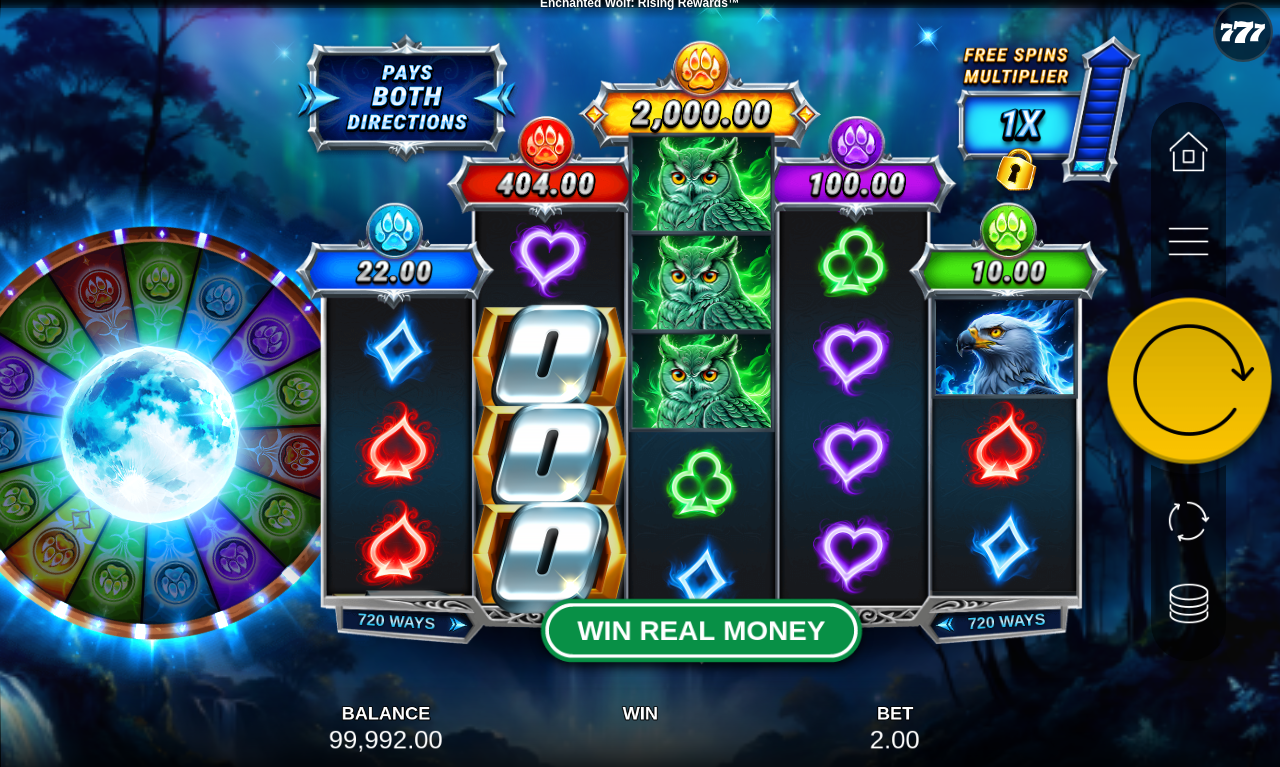 Enchanted Wolf: Rising Rewards gameplay with jackpot meters increasing