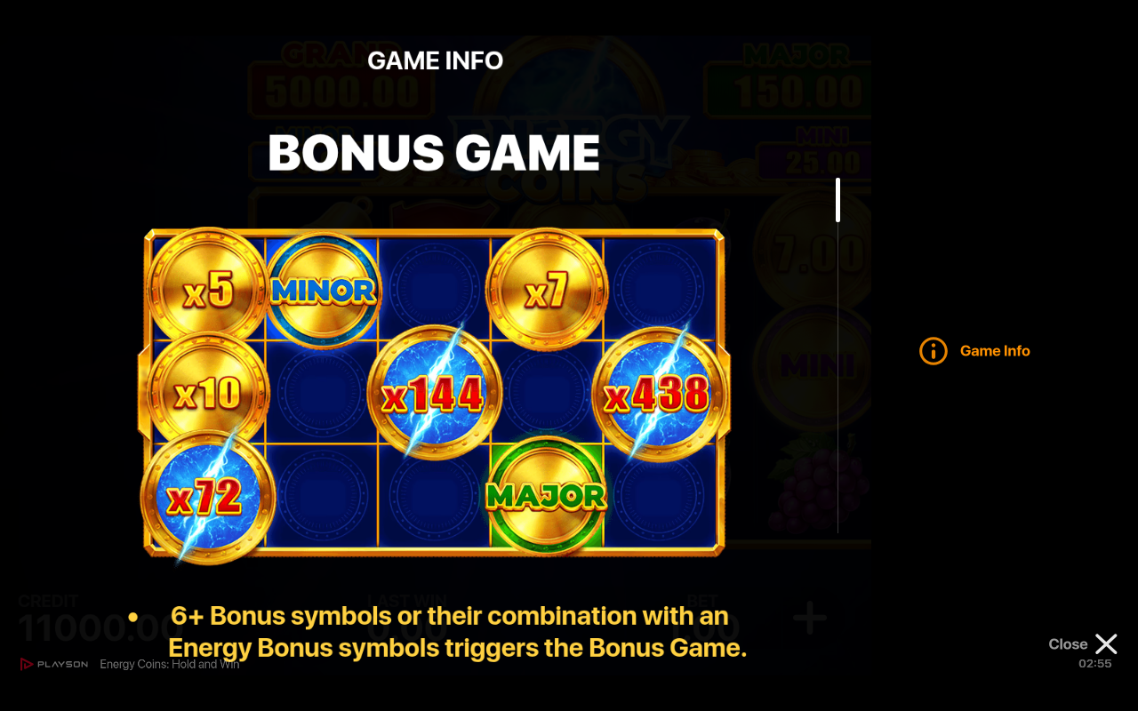 Energy Coins Hold and Win information screen