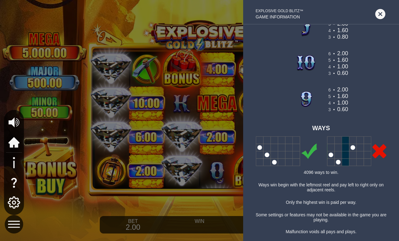 Explosive Gold Blitz Bonus Buy information screen