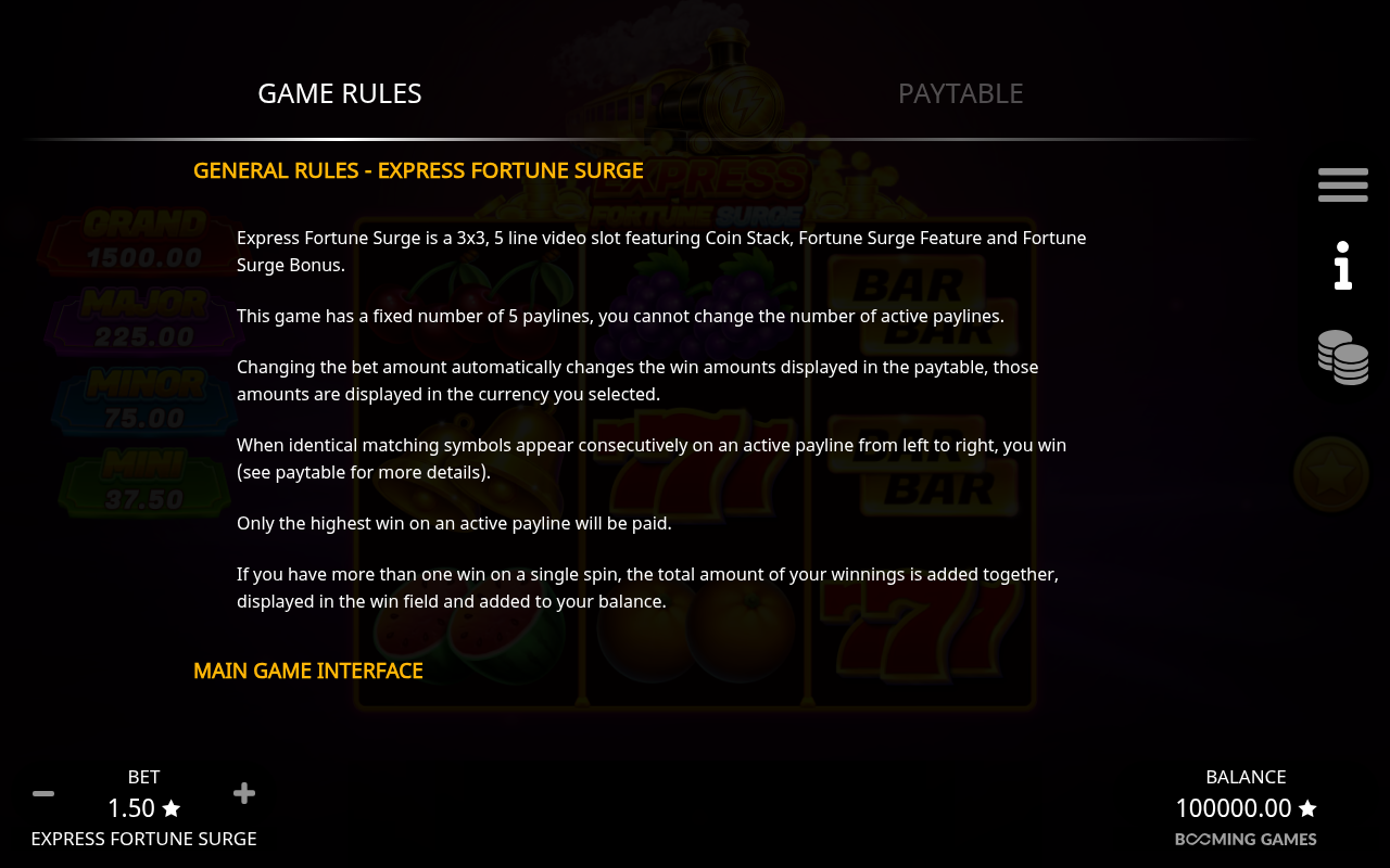 Express Fortune Surge information screen