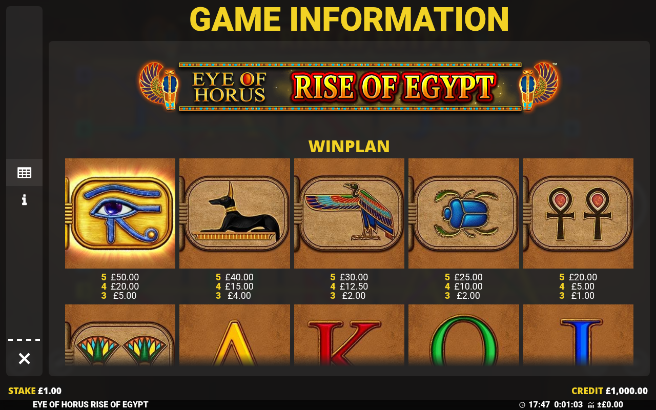 Eye Of Horus Rise Of Egypt information screen