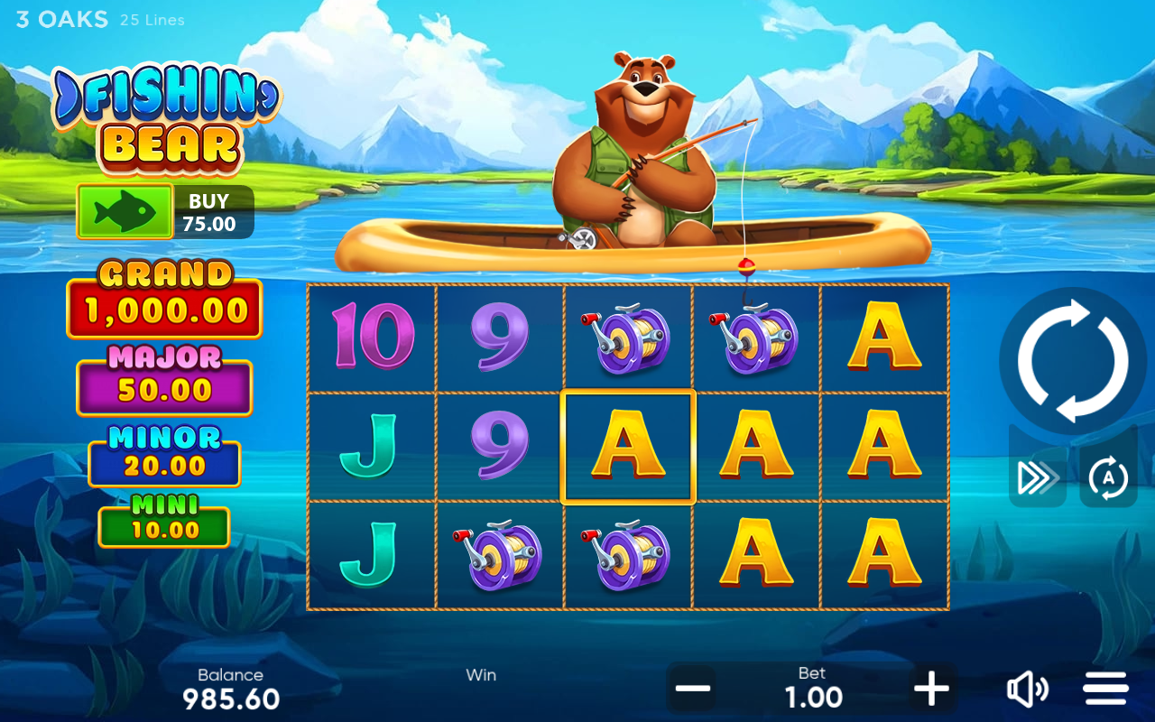 Fishin' Bear gameplay showing fish symbols on the reels