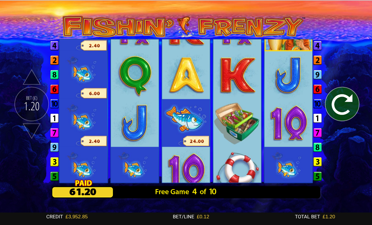 Fishin' Frenzy free game in progress with fish prizes collected