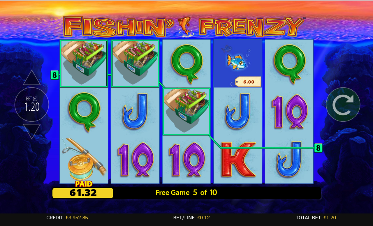Fishin' Frenzy gameplay with scatter and fish symbols in view