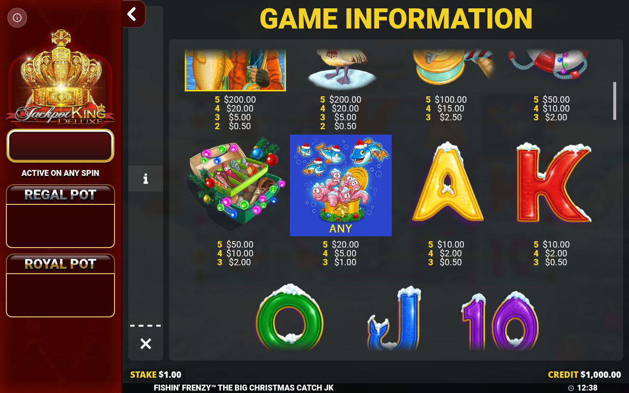 Fishin' Frenzy Christmas information screen