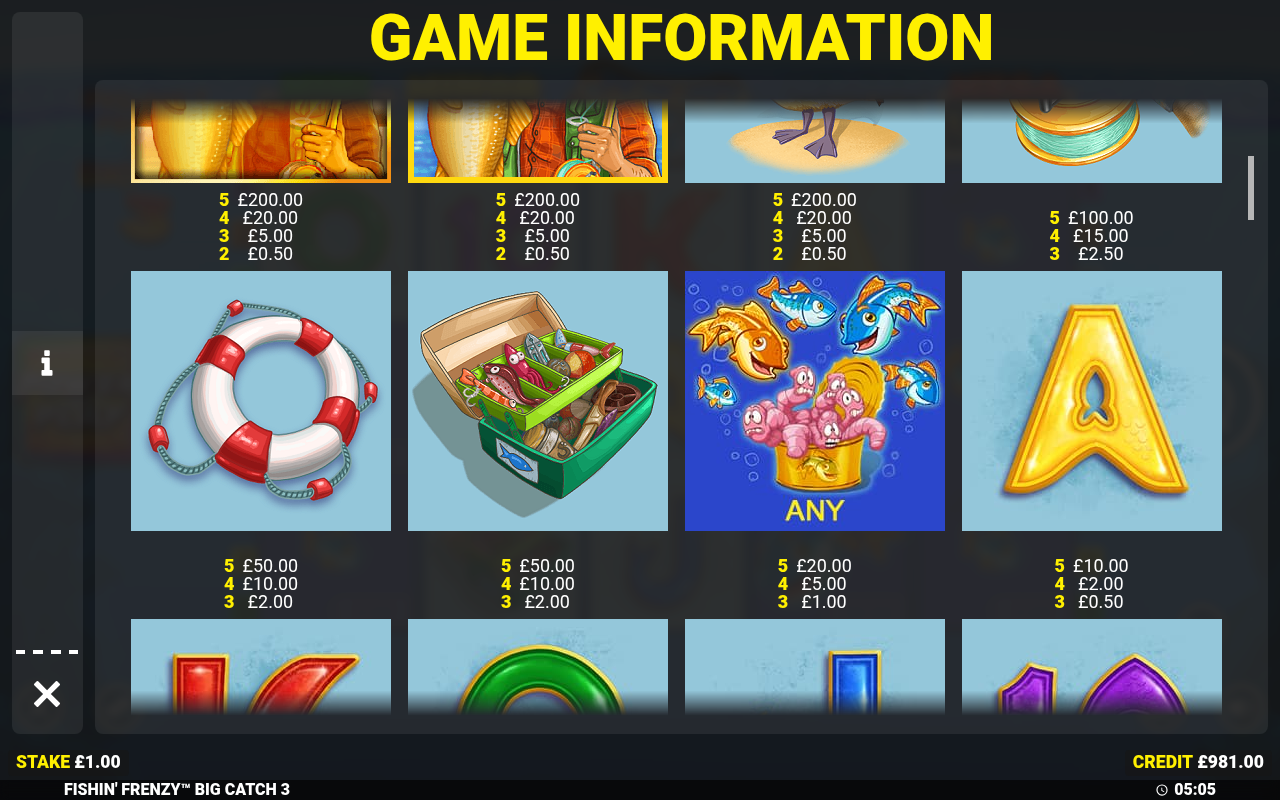 Fishin' Frenzy The Big Catch 3 information screen