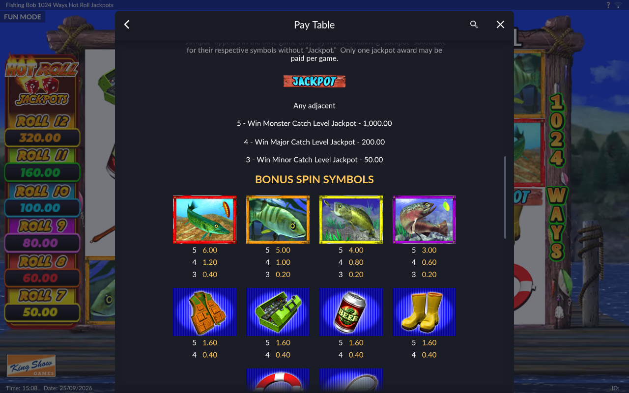 Fishing Bob - 1024 Ways Hot Roll Jackpots information screen