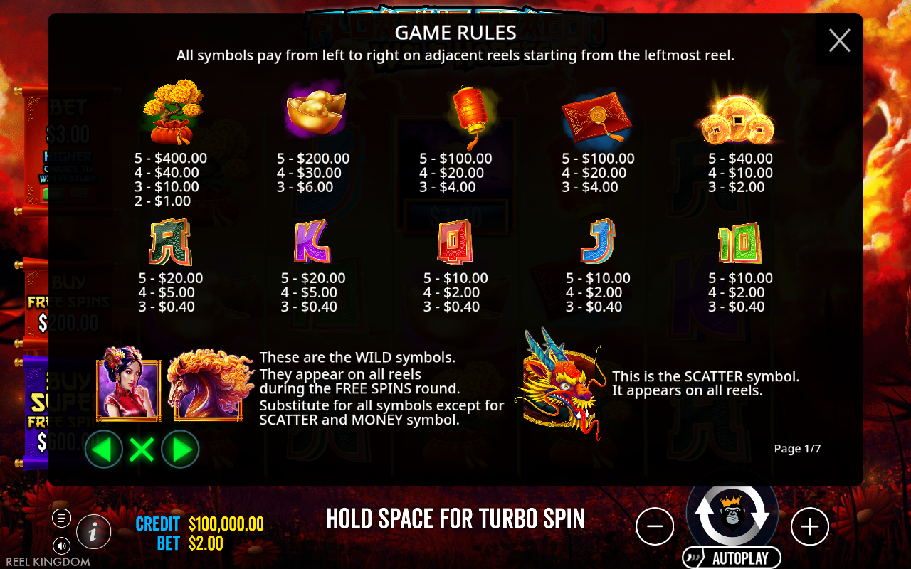 Floating Dragon Wild Horses information screen
