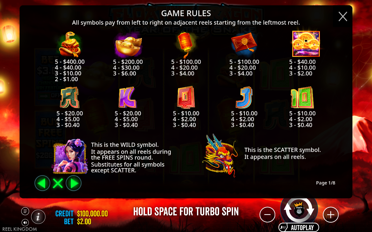 Floating Dragon - Year of the Snake information screen