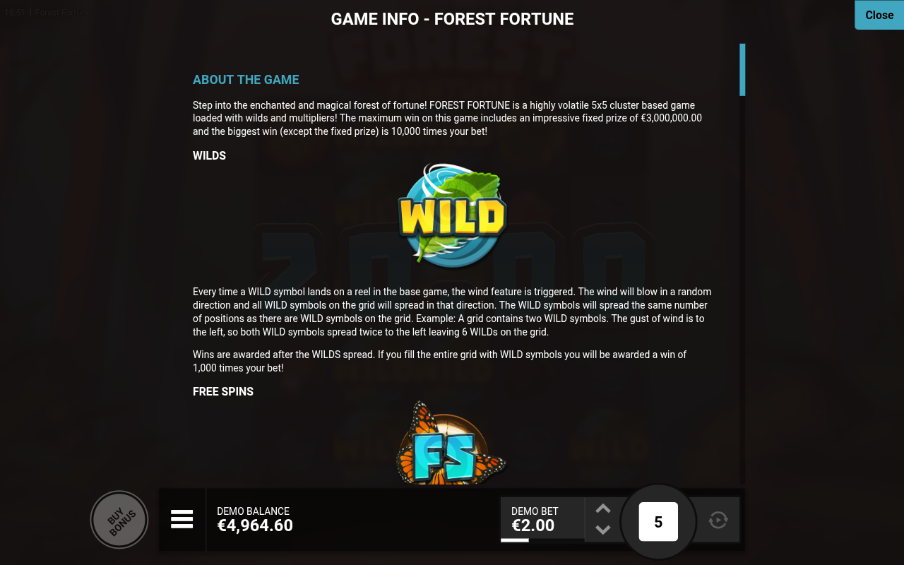 Forest Fortune Extreme information screen