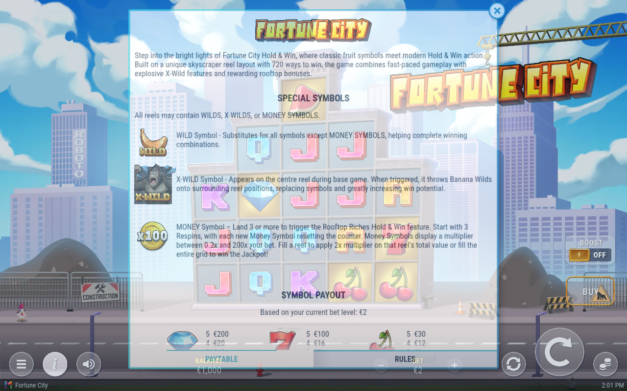 Fortune City information screen