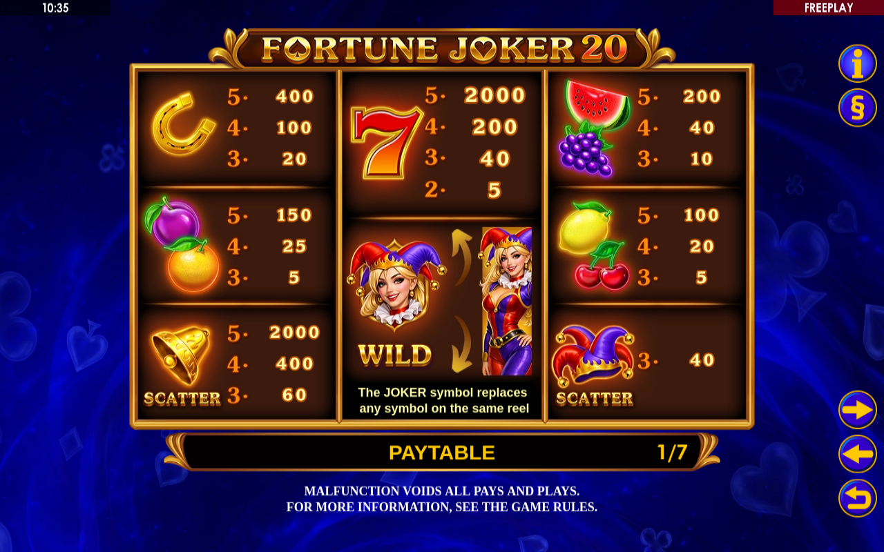 Fortune Joker 20 information screen
