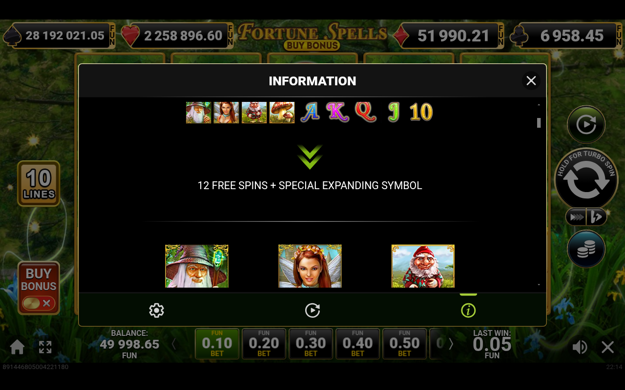 Fortune Spells Buy Bonus information screen